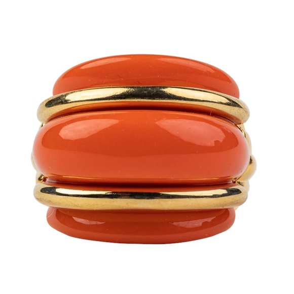 Kenneth Jay Lane, Gold and Coral Double Ribbed Ring - Picture 1 of 11